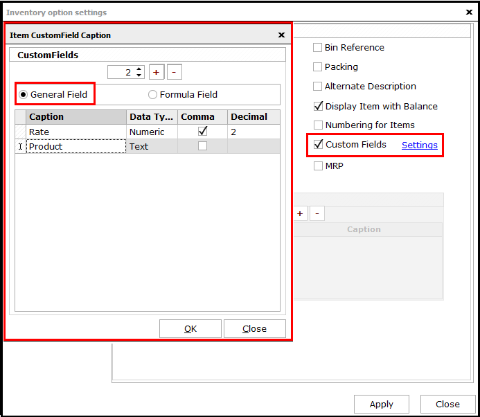 Item Master Creation in Saral software - enable custom fields