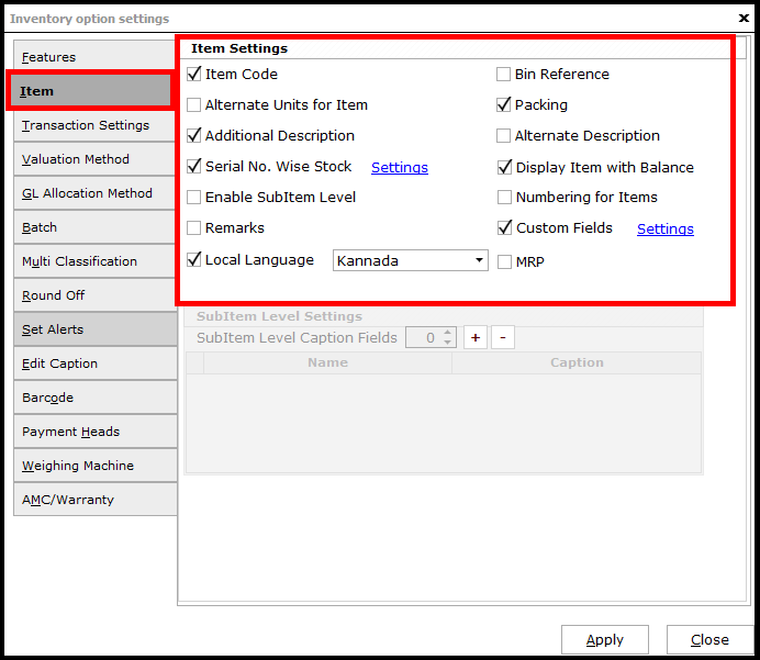 Item Master Creation in Saral software - go to item tab and select required options