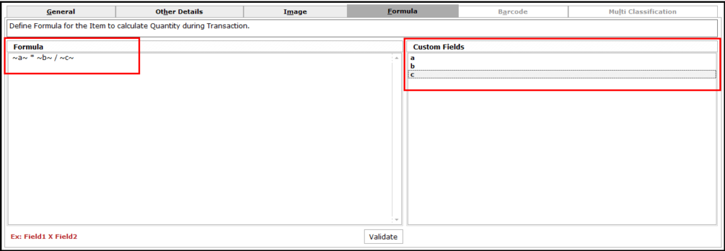 Item Master Creation in Saral software - click on formula tab