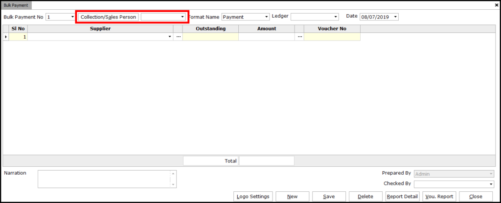 3. Bulk Payment voucher creation - Select the Collection or Sales Person